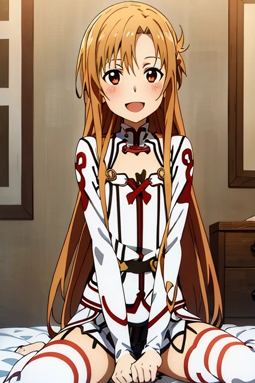 ((Best Quality)), ((masterpiece)), (be familiar with),  perfect face, indoor, bedroom,  watching viewers ,
One woman, Yuuki Asuna,
 characters with open mouth ,  ecstatic expression, blush, smile,
Small breasts,  flat chest, , ,  kids, Girl,
Long Hair,  long hair ,
Leg spread,