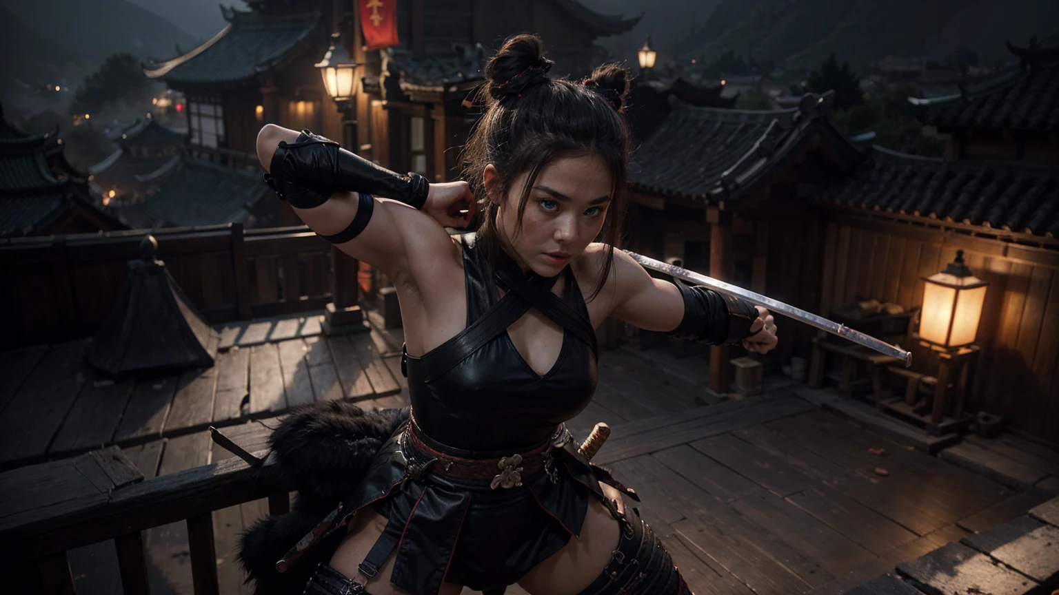 a highly muscular female Samurai with 1 katana, the upper coltes are made of net. transparent thorso, double hairbuns, detailed abs and muscles, dark outfit, serious expression, glowing katana blade, dynamic action pose, on a chinese ancient roof, in a misty olde chines village at night dark moody lighting, cinematic angle, hyperrealistic, digital art, illustration