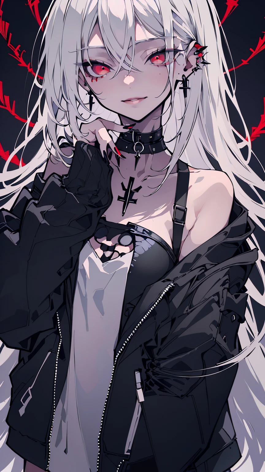 Beautiful young white-haired girl with piercing red eyes, half smile with full lips, black nails, barbed wires everywhere(coiled black barbed wires)