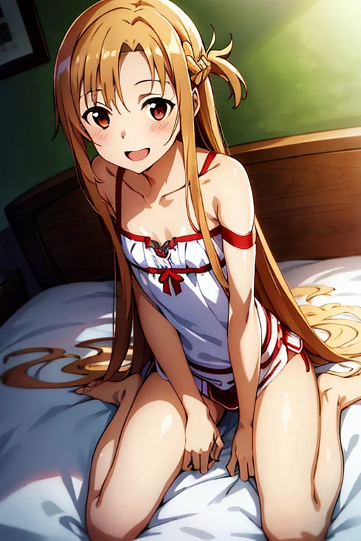 ((Best Quality)), ((masterpiece)), (be familiar with),  perfect face, indoor, bedroom,  watching viewers ,
One woman, Yuuki Asuna,
 characters with open mouth ,  ecstatic expression, blush, smile,
Small breasts,  flat chest, , ,  kids, Girl,
Long Hair,  long hair ,
Leg spread,