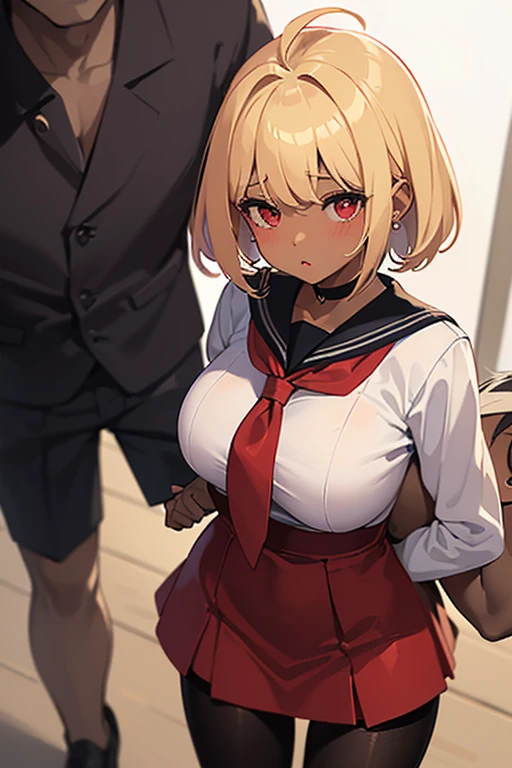 muscular black bald man behind girl grabbing her ass ,1hombre1chica,ASS,cabello rubio,pelo corto,gafas,red scarf on forehead,Obra maestra,traje sexy de karate blanco,Blanco,Anime style,retrato,vivid colors,foco nítido,Soft lighting,ojos rojos, ako