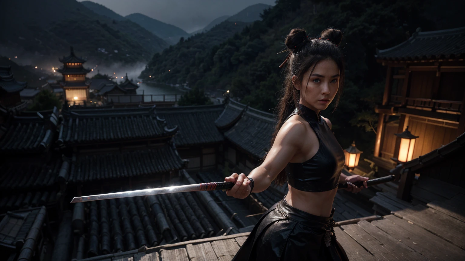 a highly muscular female Samurai with 1 katana, the upper coltes are made of net. transparent thorso, double hairbuns, detailed abs and muscles, dark outfit, serious expression, glowing katana blade, dynamic action pose, on a chinese ancient roof, in a misty olde chines village at night dark moody lighting, cinematic angle, hyperrealistic, digital art, illustration