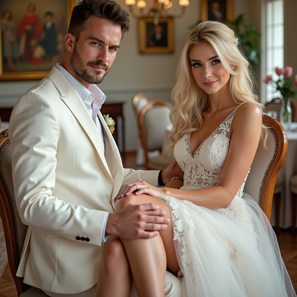 man and woman in white sitting on a chair , a luxury white room in studio full of flowers