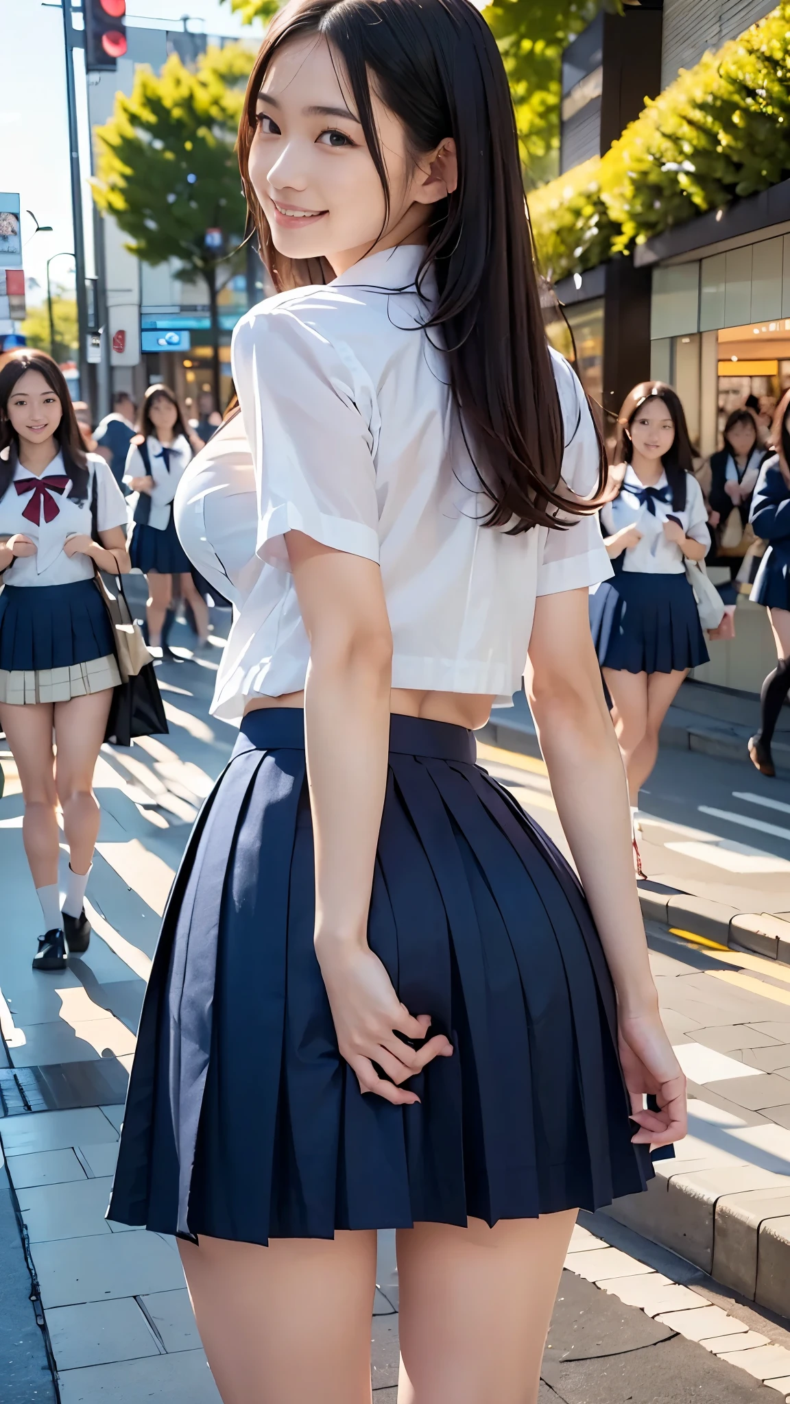 Best Quality,masterpiece, ultra high resolution,high definition raw color photo, professional photography, natural skin texture, fine skin, hyperrealism, Japanese Women,((smile,((Schoolgirl uniform,WHITE shirt,windy up skirt,Skirt fluttering in the wind,panty shot,Rear view), Navy pleated skirt,Short tie)),spread legs,walking,(gigantic breast,gigantic ass)), shopping mall surrounded by high school students