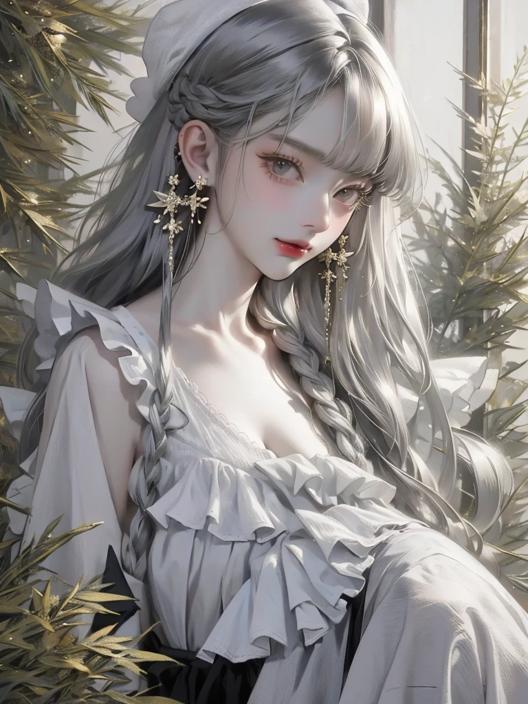 masterpiece, detailed, absurdres, loli, delightful, blissful, laughing, french braids, silver hair, fair skin, frilled clothing, hat, , at Christmas