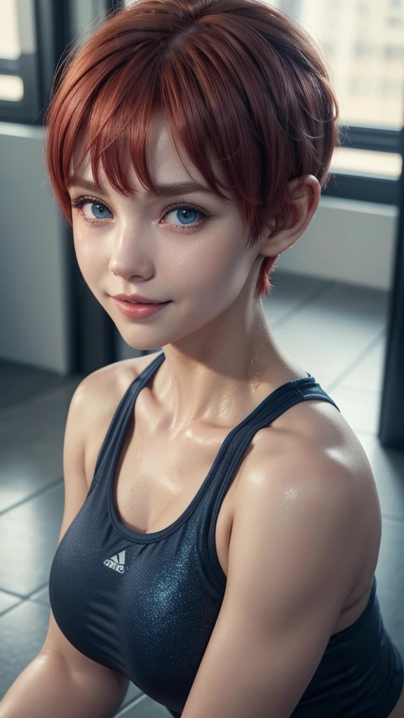 light smile,sweat,girl,training wear,push up,(red hair:1.2), (big boobs), (blue eyes), (pixie cut:1.3), hair ribbon,sparkling,(ultra detailed perfect piece:1.2), illustration, masterpiece, (extremely detailed CG 8k), (very fine 8K CG),