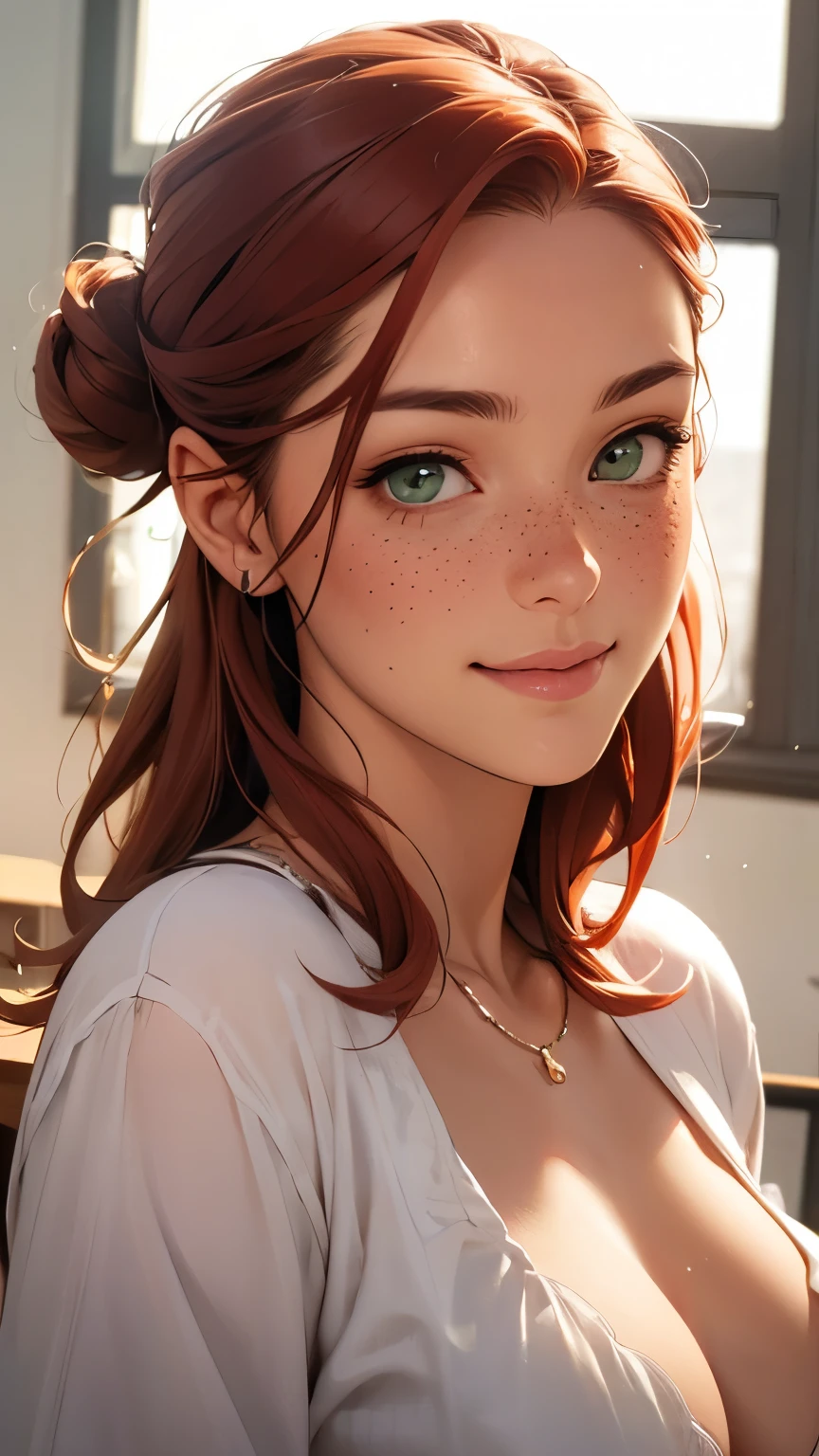 Woman, americana, Age 25, nsfw, pale skin and freckles, green eyes, delicate nose, soft and delicate lips, far away, red orange hair in a double bun, large smile, face with delicate feminine facial features, highly rendered face, student clothes, in a class room.