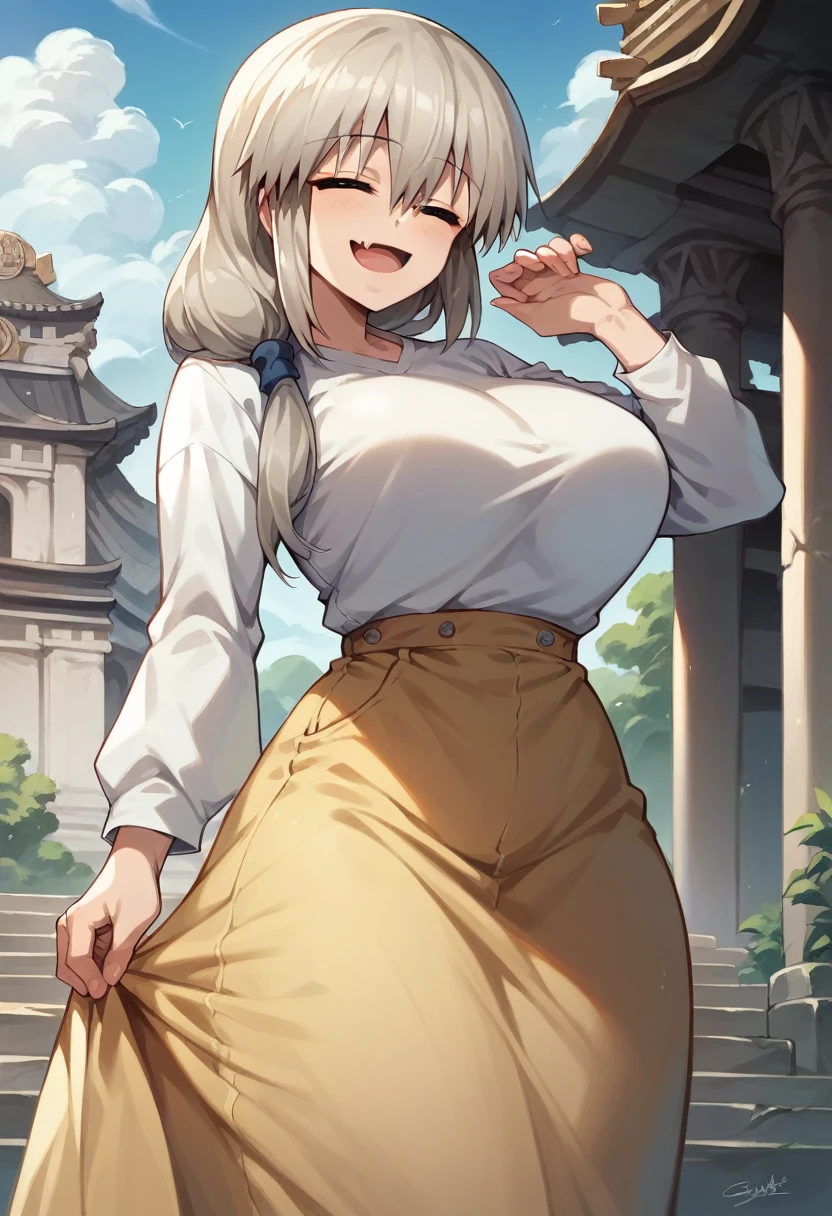 (( Best Quality)),  high definition,  VERY DETAILED CG , bright,  from the front,  one woman,  cowboy shot,  close eyes, smile, Uzaki_Tsuki,  white shirt , Long sleeves, Yellow long skirt, (( big breasts at the temple)), ((Thick legs)),  tall
