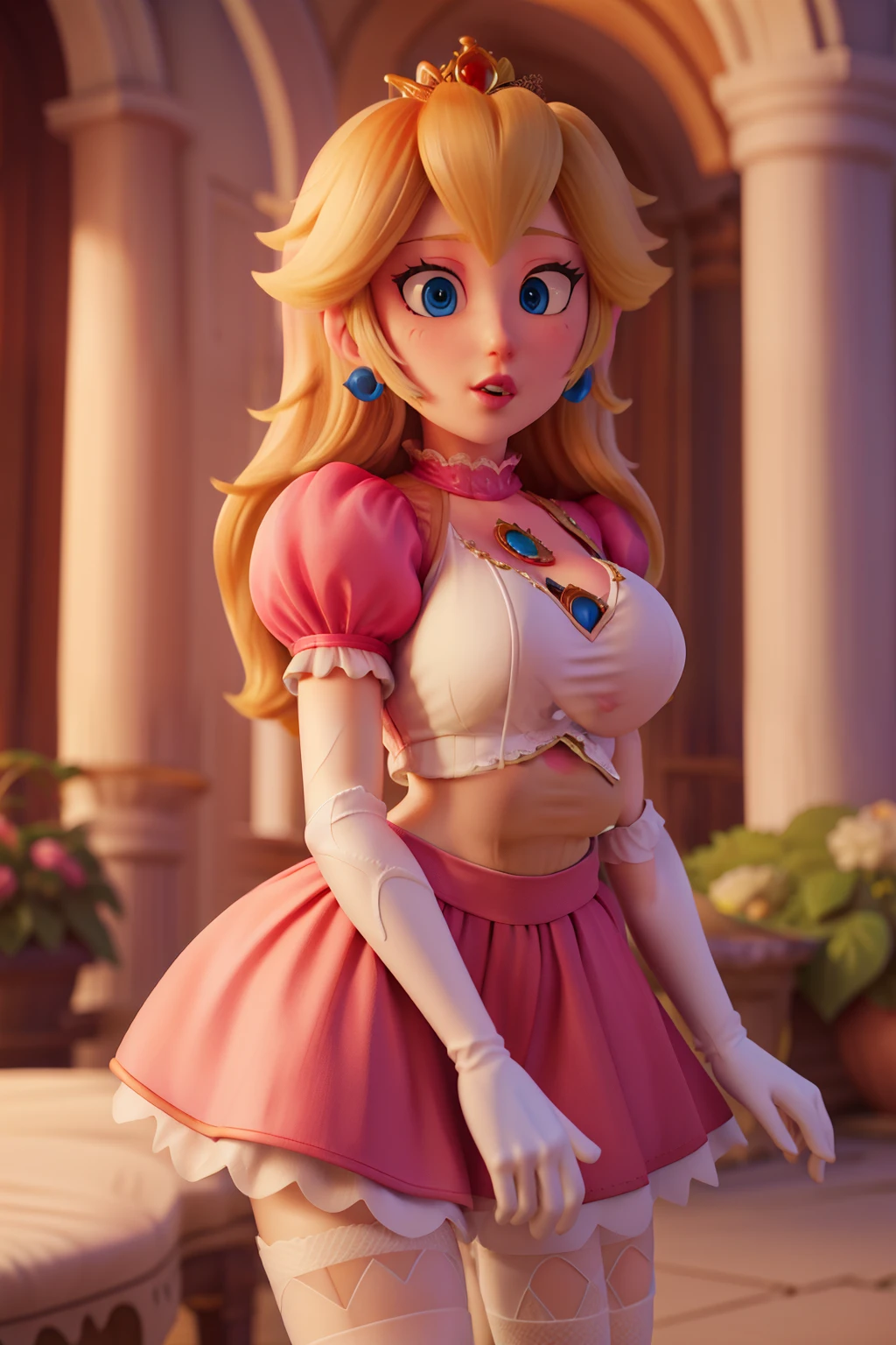 ( high quality detailed textures:1.2),princess peach,sexy short skirt and lace tights with straps, crop top, big breasts, pronounced neckline, peach-colored clothing , ultra-detailed ,realistic,portrait,fancy,  soft lighting , vibrant colors ,Beautiful garden landscape 