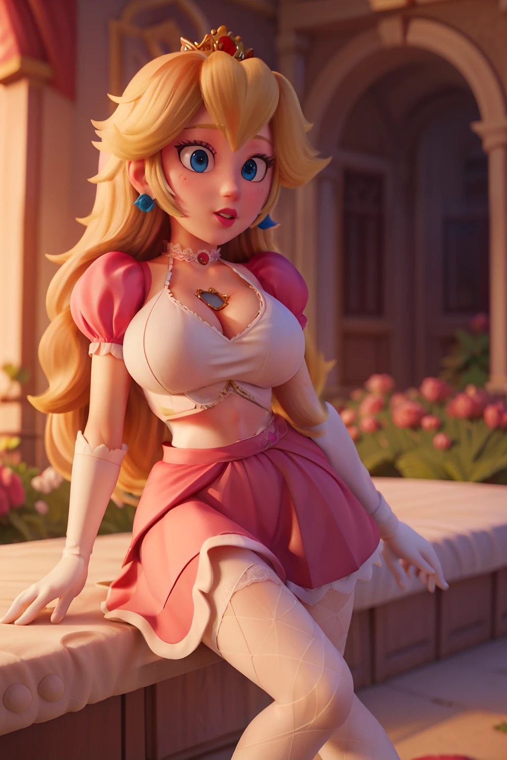 ( high quality detailed textures:1.2),princess peach,sexy short skirt and lace tights with straps, crop top, big breasts, pronounced neckline, peach-colored clothing , ultra-detailed ,realistic,portrait,fancy, soft lighting , vibrant colors ,Beautiful garden landscape