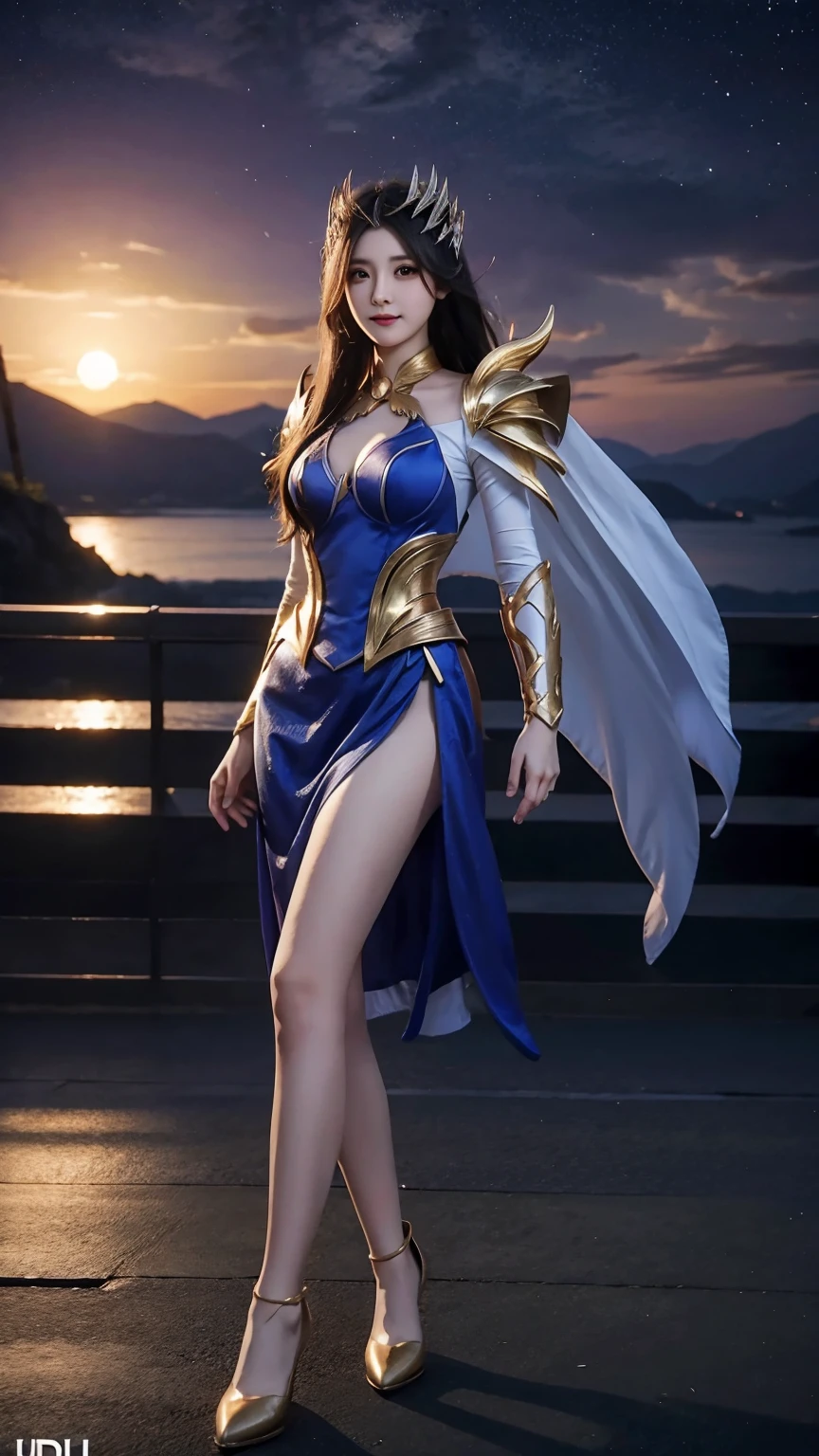 Beautiful Lunox from Mobile legends, gorgeous face, sweet smile, prettiest person, standing alone, perfect body, celestial palace background, front view, she looks at camera, half body picture, perfect anatomy, beautiful scenery, UHD picture, 4K wallpaper, Best Quality Photorealsitic