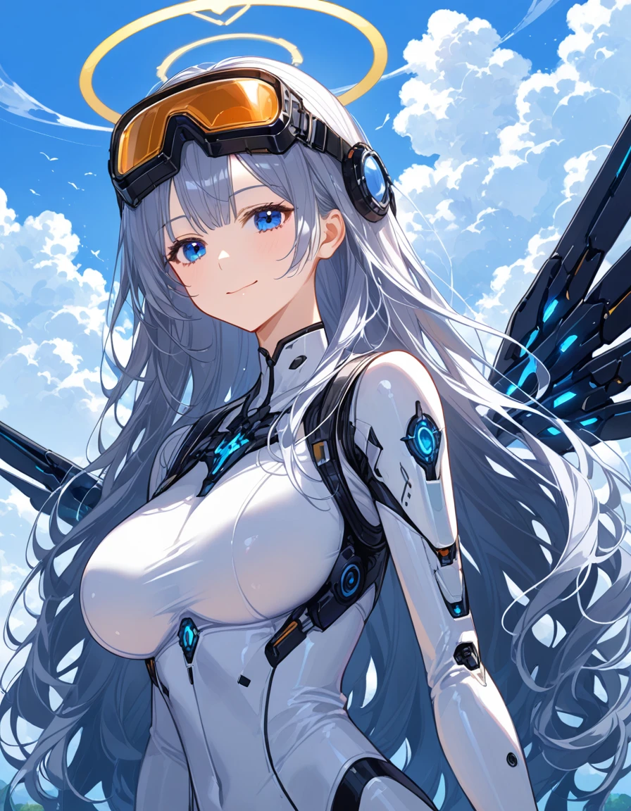  1 girl, Alone, Long Hair, breast,  , , smile, bangs,  blue eyes, large breast,  white bodysuit ,  closed mouth,  upper body, Gray Hair, Outdoor, Wings, null, day, cloud, curly hair, blue null, halo, goggles, goggles on head,  Mechanical Wing, Sci-fi Themes ,