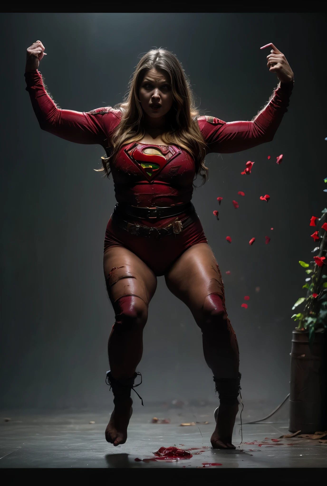 whole body、always Bloody、Bloody、Bloody、  best image quality、masterpiece、8k、Wack、Strongest、 cruel、 monster、 killer ghost 、Wrestler、logic骨格々、logic、Face of fear、Extreme obesity、Supergirl is hanging