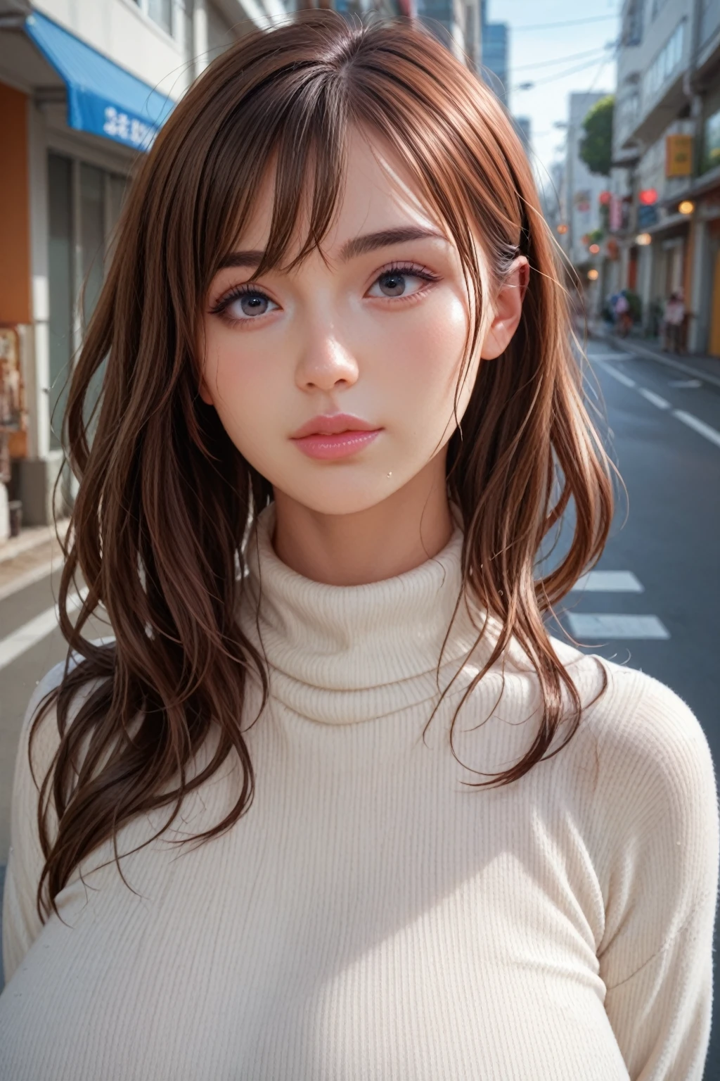 realistic,huge breasts,curvy,white sweater,wavy brown hair,wet hair,on date,at tokyo,on street,adult face,glossy thick lips,large eyes,black eyes,drooping eyes,black eyeliner,oval face,