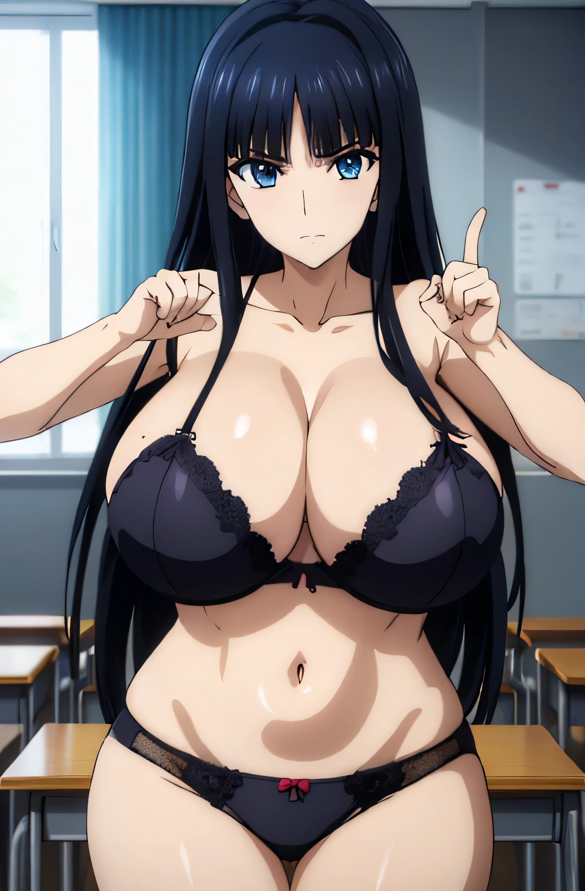 masterpiece, best quality, absurdities, long hair Touma Kazusa, (black hair, blue eyes), black bra i black panties of adult woman, huge breasts,
beautiful hands, perfect hands, (beaufitul hand, beautiful finger:1.15), School, classroom, school chair, school desk, (Deep Depth of Field), (perfect anatomy), cowboy shot, [Cinematic Lighting / Volumetric Lighting], looking at the viewer