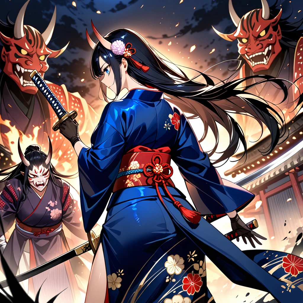 Slash, facing away, battle stance, stylish attacking pose, Digital ink artwork of a beautiful black-haired samurai woman wearing a kimono with a Japanese sword, samurai, woman, glossy black hair, long hair, sharp eyes, blue eyes, kimono, obi, kanzashi, bandage gloves, clogs, oni mask, midnight, curvy beauty, ethereal paint tattoo, cinematic angle ,（masterpiece：1.2）、（Best Quality：1.2）、（ very aesthetic ：1.2）、（ absurd：1.2）、（ detailed background）、up to date、Safety、complicated、 very detailed skin