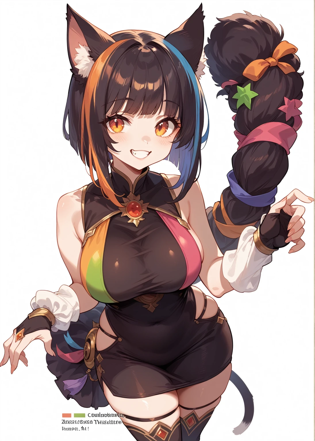 (masterpiece, anthropomorphic fantasy anime style, creative art), anthro cat girl, cat ears, colorful outfit, moe anime art style, posing, fantasy setting, thick thighs, big butt, big breasts, curvy, voluptuous, expressive, cheerful, smiling, harmonious colors, dynamic composition, cinematic lighting, highly detailed, 8k, concept art style