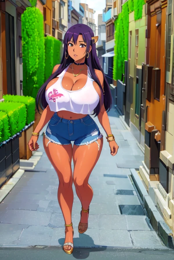 Asuna yuuki,purple hair,big breast,cleavage,brown eyes,Thick lips,puckered lips,tanned Brown  skin,Curvy figure,Gold chain necklace,Hoopa earring,long nail,Hoopa bracelet,hotpants,Tank top,Fake big breast,Busty snd sultry,Sculpted calve,Wide hips,Thick tight,Heels,Chocker,Slum street,Detailed face,High quality,Symetrical bang hair