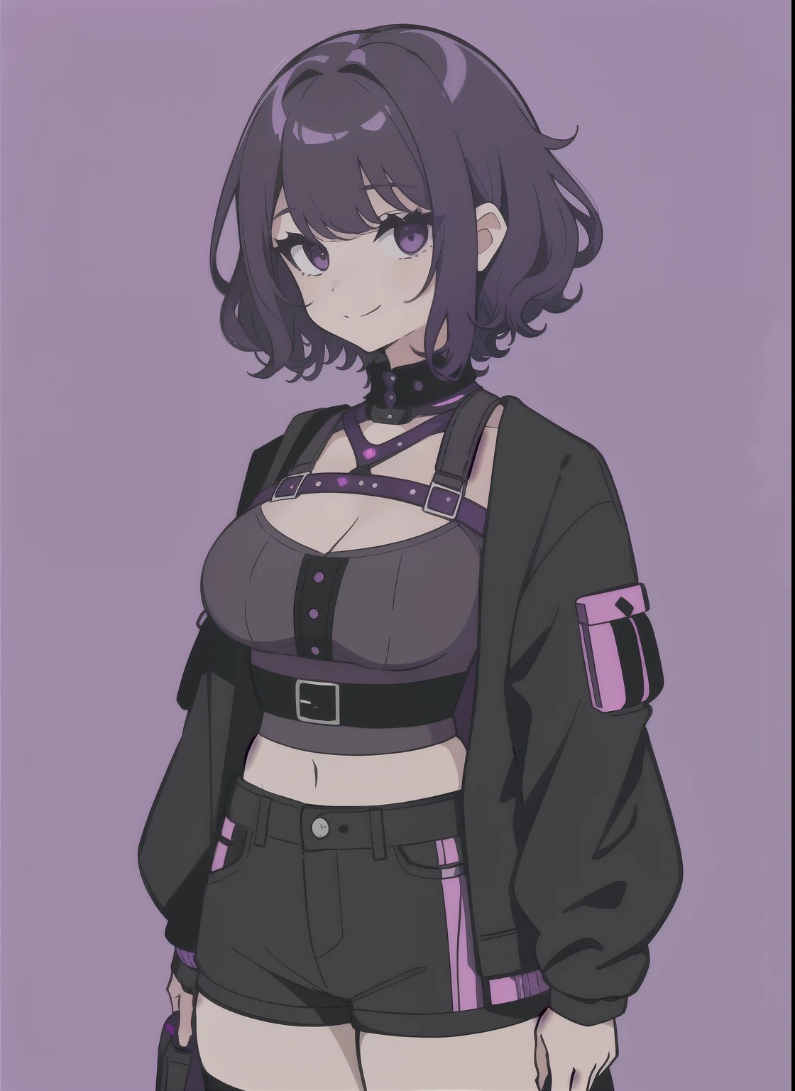 girl, solo, 1girl, best quality, purple curly hair, short haircut, side cut hair, black clothes, black eyes, gently face, happy expression wide hips, punk clothes, round thighs, purple background, light cleavage, medium wais