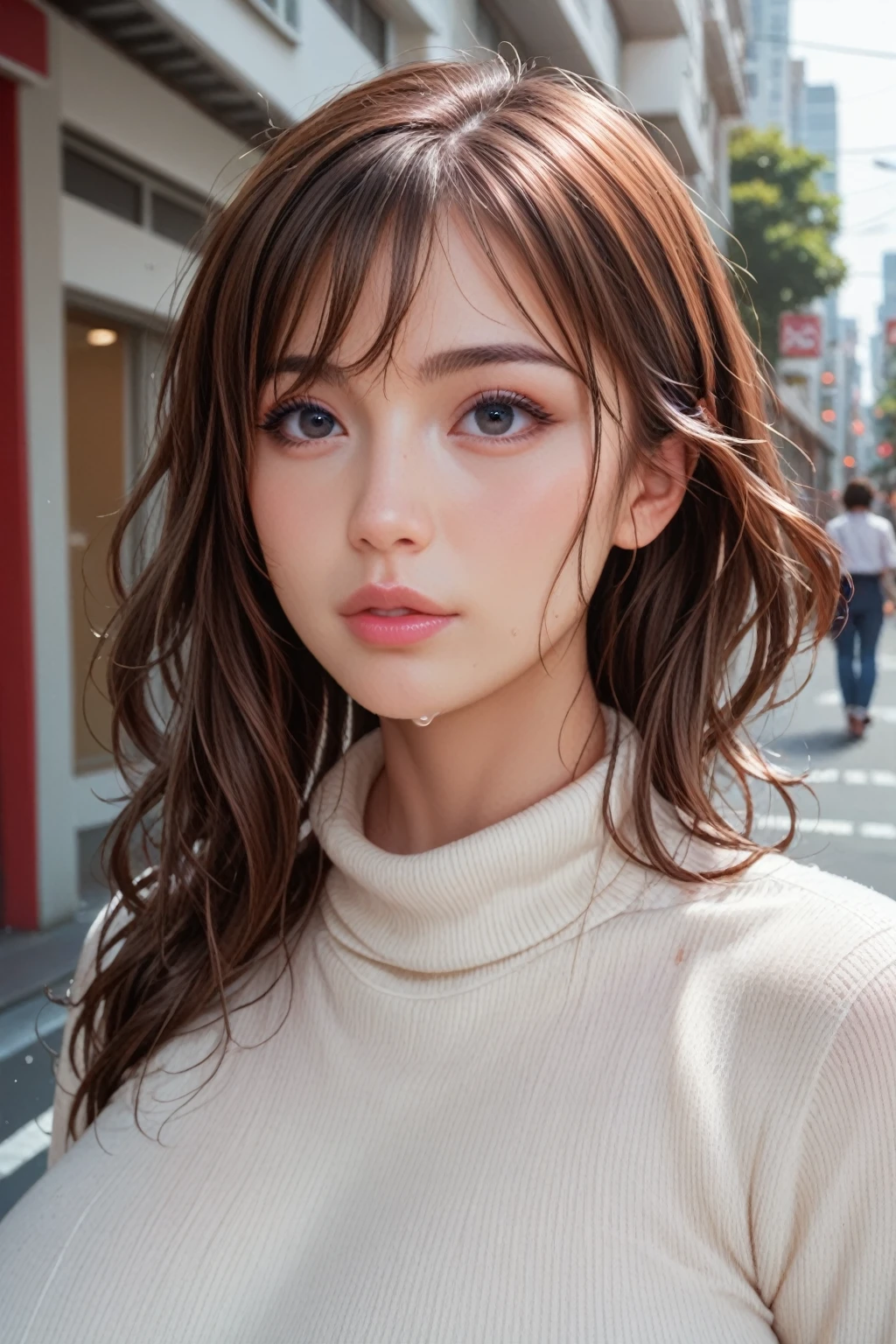 realistic,huge breasts,curvy,white sweater,wavy brown hair,wet hair,on date,at tokyo,on street,adult face,glossy thick lips,large eyes,black eyes,black eyeliner,oval face,