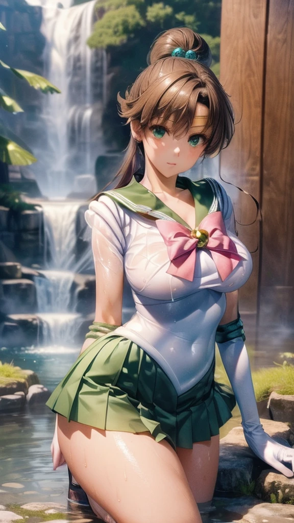 (((masterpiece))), (((High resolution)))、(((8K quality)))、(((Perfect Face)))、 , Looking into the camera, ((最high qualityの目)), (Detailed face), (Detailed Texture), Sailor Jupiter cosplay outfit、One Girl, Alone, High resolution, Anatomically correct, 最high quality,Draw the whole body 、My breasts are a little small、White long gloves、Green Skirt、(((At the waterfall、On knees、Soaking wet)))、One girl, solo, High resolution, Anatomically correct, 最high quality, High resolution, masterpiece, accurate, 最high quality, Very detailed, Ultra high definition, Textured skin, high quality, High-resolution model, 