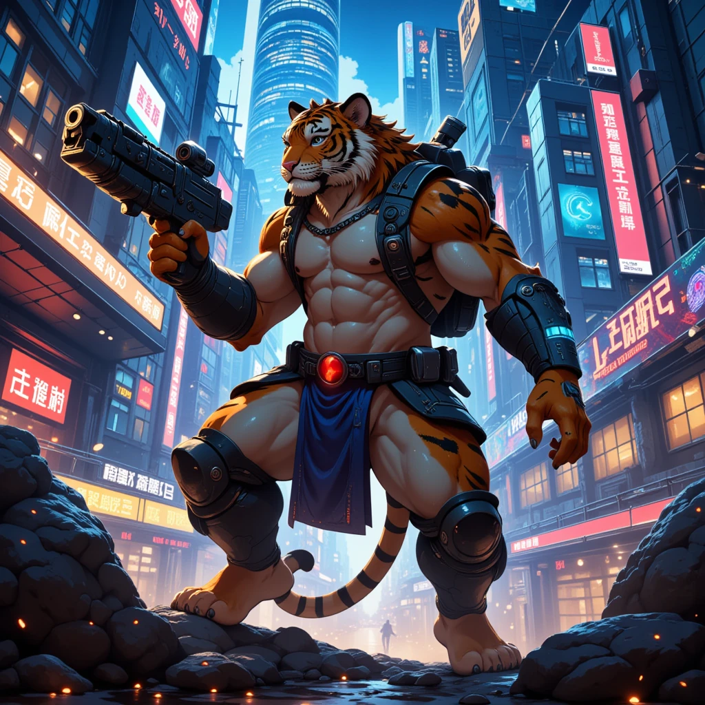 cyberpunk tiger warrior, neon lights, futuristic city, holding laser gun, concept art, highly detailed, 8k, ultra-detailed, photorealistic, hyper-realistic, volumetric lighting, cinematic lighting, dramatic lighting, vivid colors, vibrant colors, intricate details, complex details, mechanical design, advanced technology, glowing elements, moody atmosphere, dynamic pose, epic, dramatic, niji5, cinematic composition, masterpiece, digital illustration anime 