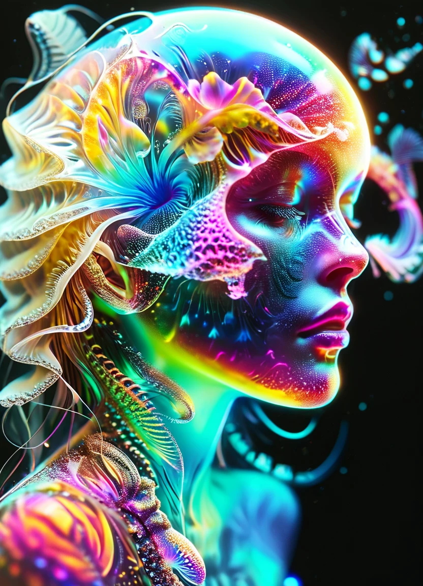  close-up portrait of a goddess, Jellyfish, Nautilus, orchid, skull, beta fish , Bioluminescent organisms,  intricate art ral-czmcrnbw g1h3r ral-3dwvz ,  subsurface scattering, PhotoRealistic, HyperRealistic,  analog style , Realistic, film photography,  soft writing,  Heavy Shadow ,  neon pink ombre color scheme , Neon Blue, Neon Yellow, Neon Green,