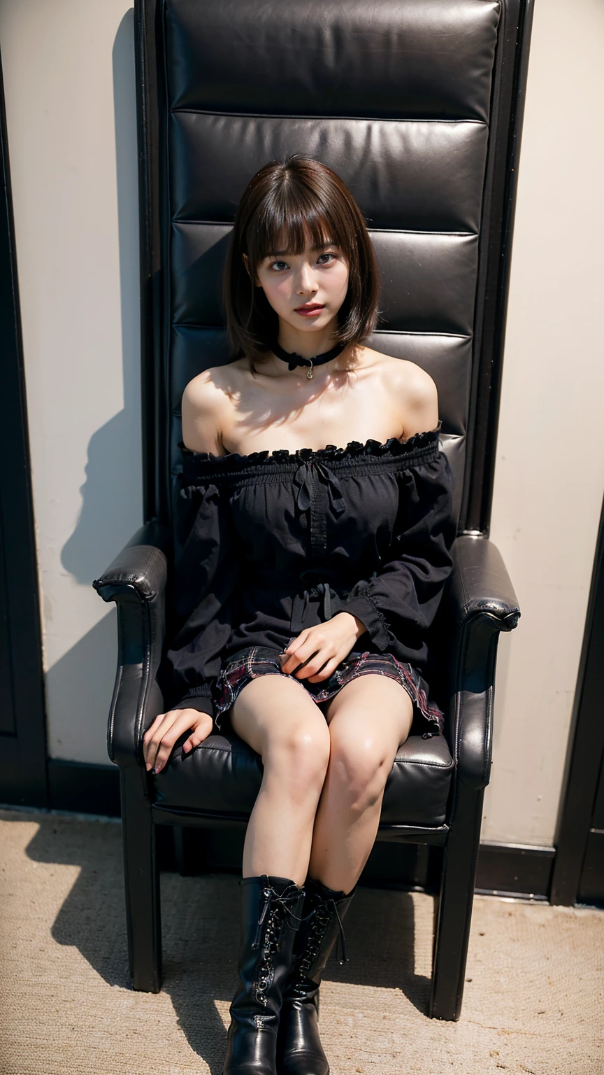 (8k、RAW photo、Best Quality、masterpiece:1.2)、(Realistic、Realistic)、1 person、((Black Dress、 see-through 、 Off Shoulder、 plaid mini skirt 、 big breasts at the temple、 medium hair、Black boots、Thin legs、Ribbon on waist、Sitting on a chair))、cute