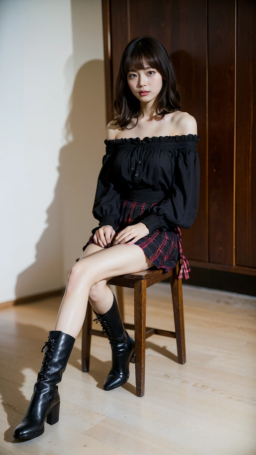 (8k、RAW photo、Best Quality、masterpiece:1.2)、(Realistic、Realistic)、1 person、((Black Dress、 see-through 、 Off Shoulder、 plaid mini skirt 、 big breasts at the temple、 medium hair、Black boots、Thin legs、Ribbon on waist、Sitting on a chair))、cute