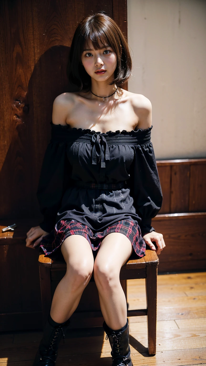 (8k、RAW photo、Best Quality、masterpiece:1.2)、(Realistic、Realistic)、1 person、((Black Dress、 see-through 、 Off Shoulder、 plaid mini skirt 、 big breasts at the temple、 medium hair、Black boots、Thin legs、Ribbon on waist、Sitting on a chair))、cute