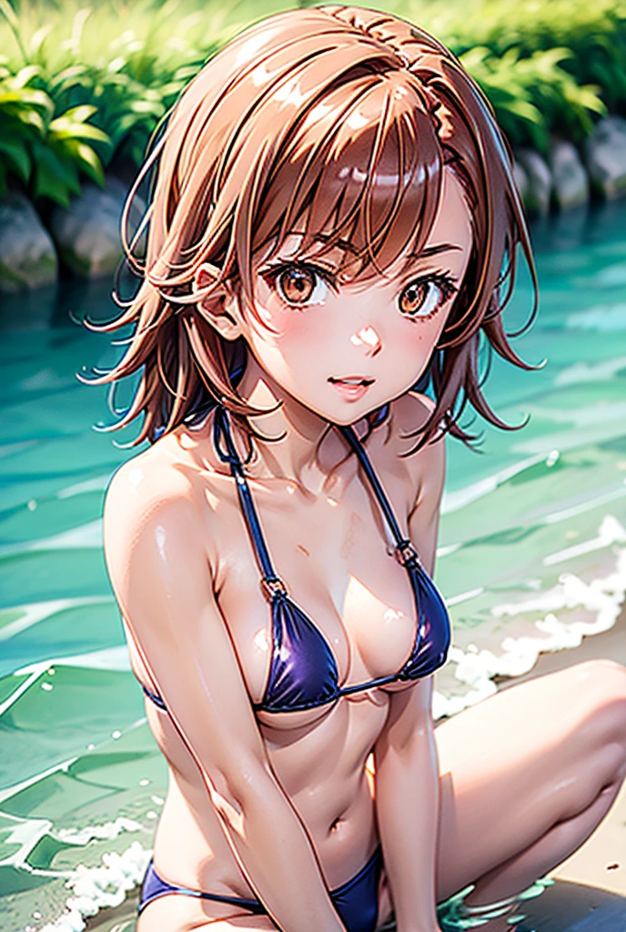 beautiful girl、 sexy、UHD, retina 、 (textured skin)、 high details, high quality, best quality highres, 16k、((Misaka Mikoto))、 pale skin、gleaming skin、flat chest、outdoor、 micro bikini 