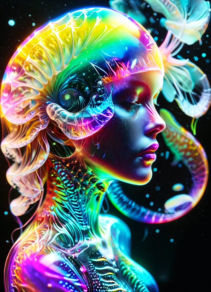  close-up portrait of a goddess, Jellyfish, Nautilus, orchid, skull, beta fish , Bioluminescent organisms,  intricate art ral-czmcrnbw g1h3r ral-3dwvz ,  subsurface scattering, PhotoRealistic, HyperRealistic,  analog style , Realistic, film photography,  soft writing,  Heavy Shadow ,  neon pink ombre color scheme , Neon Blue, Neon Yellow, Neon Green,