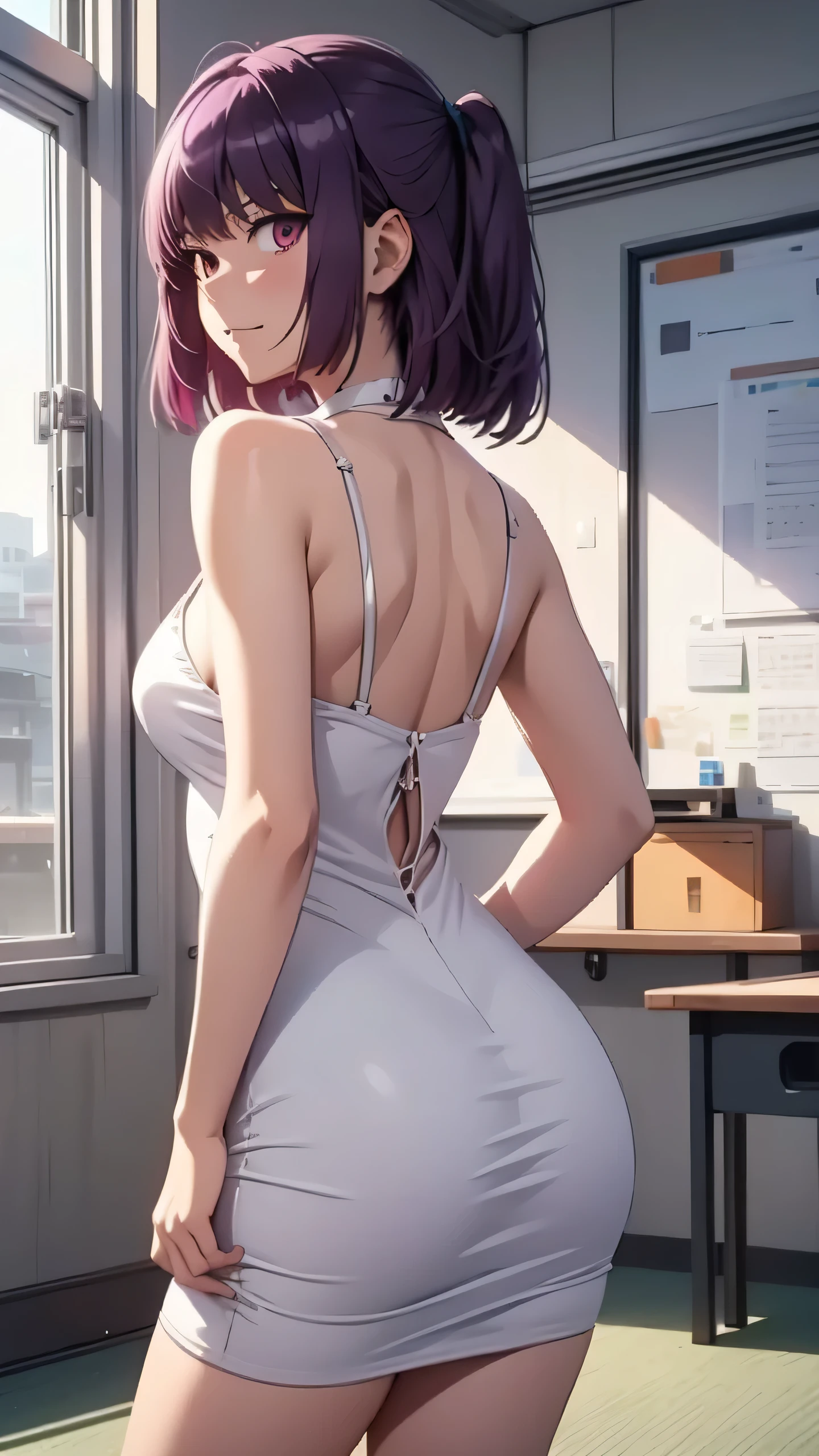 Extremely detailed CG Unity 8K wallpapers，Sana Sunomiya，photograph from behind, full body tight dress, LAYING ON GROUND, LIFTING UP HIPS, focus on ass, masterpiece，classroom，charming，best picture quality，Volumetric light，Purple hair，Face turned red，Smile，Off the shoulder dress，Bangs cover one eye，looking at camera