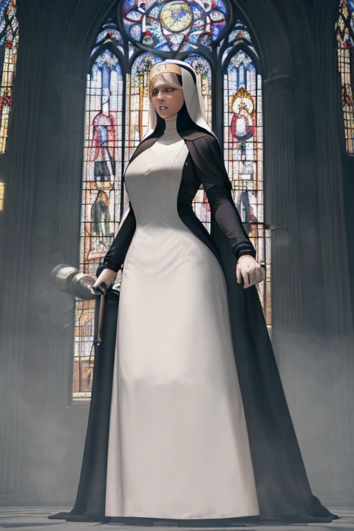 a beautiful blonde nun, sensual, serious and imposing, standing and looking at the viewer, cathedral interior background, highly detailed, realistic, photorealistic, 8k, ultra-detailed, cinematic lighting, dramatic shadows, volumetric fog, intricate architecture, stained glass windows, ornate decorations, chiaroscuro, renaissance style