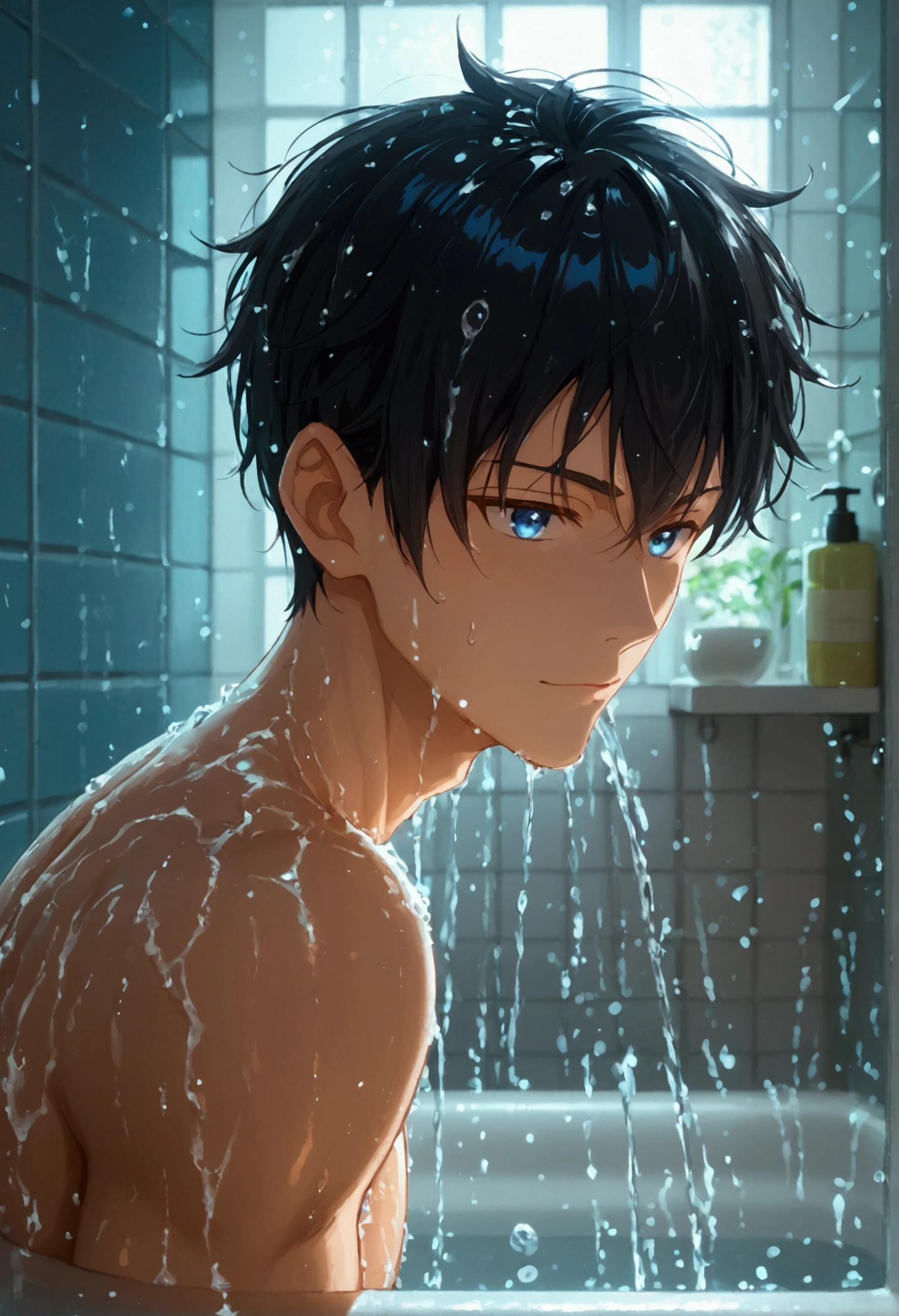 1boy, photography, Bathroom, Handsome,black hair.