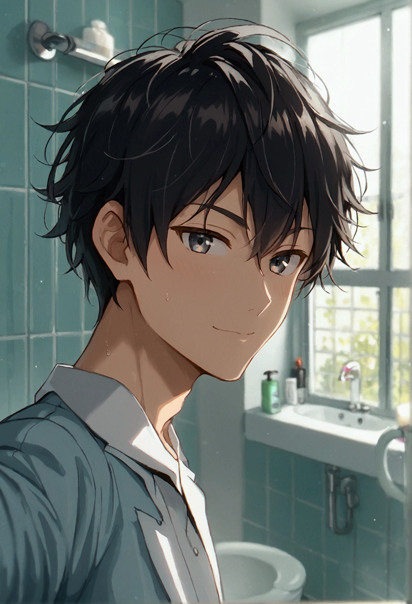 1boy,Selfie, Bathroom, Handsome,black hair.