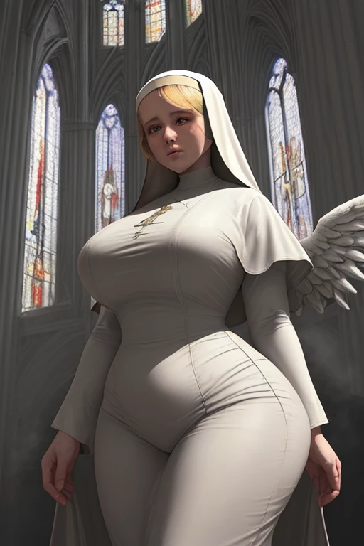 a beautiful blonde nun, face angelical, large bust, wide hips, thick thighs, wings on back, sensual, serious and imposing, standing and looking at the viewer, cathedral interior background, highly detailed, realistic, photorealistic, 8k, ultra-detailed, cinematic lighting, dramatic shadows, volumetric fog, intricate architecture, stained glass windows, ornate decorations, chiaroscuro, renaissance style