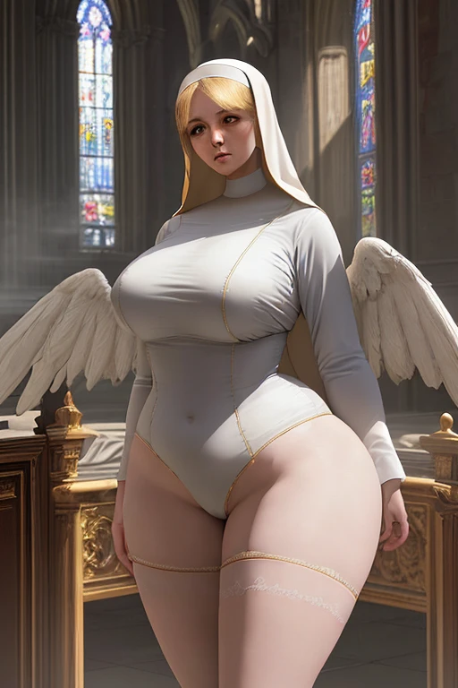 a beautiful blonde nun, face angelical, large bust, wide hips, thick thighs, wings on back, sensual, serious and imposing, standing and looking at the viewer, cathedral interior background, highly detailed, realistic, photorealistic, 8k, ultra-detailed, cinematic lighting, dramatic shadows, volumetric fog, intricate architecture, stained glass windows, ornate decorations, chiaroscuro, renaissance style