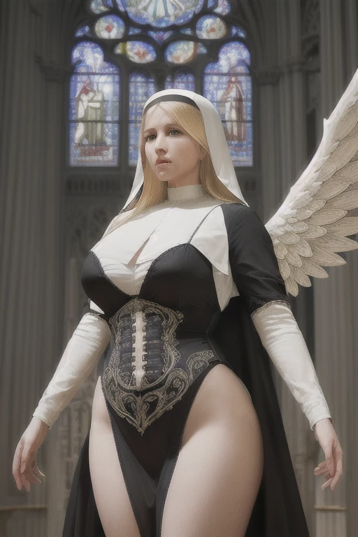 a beautiful blonde nun, extremely detailed face, large bust, wide hips, thick thighs, angelic wings on back, sensual and serious expression, standing and looking at viewer, cathedral interior background, (best quality,4k,8k,highres,masterpiece:1.2),ultra-detailed,(realistic,photorealistic,photo-realistic:1.37),cinematic lighting,dramatic shadows,volumetric fog,intricate architecture,stained glass windows,ornate decorations,chiaroscuro,renaissance style