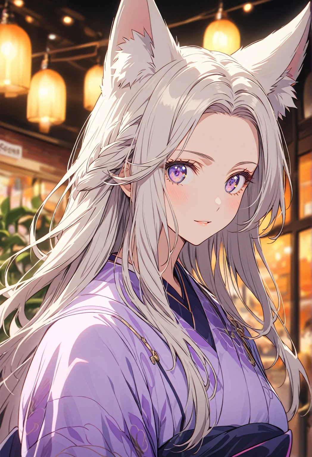 ((Portrait)) ((POV: Close)) ((Flower pattern ornament)) ((Motherly expression)) ((Alone)) Create an anime-style image of Aiko, an elegant fox girl with a graceful aura. She has long, white hair styled in a side braid, soft, fluffy fox ears, and light purple eyes that radiate warmth and kindness. Her expression is gentle and slightly mischievous, conveying both confidence and a caring nature. She is dressed in a kimono and a colour palette of soft pastels, highlighting her nurturing elegance. Emphasize her graceful figure, big breasts, and mature demeanor, highlighting her caring, protective nature alongside a hint of playful mischief. In the background there is a vintage pastry shop, bulb, lights, greenery inside. Use a depth-of-field effect to keep Aiko in sharp focus.