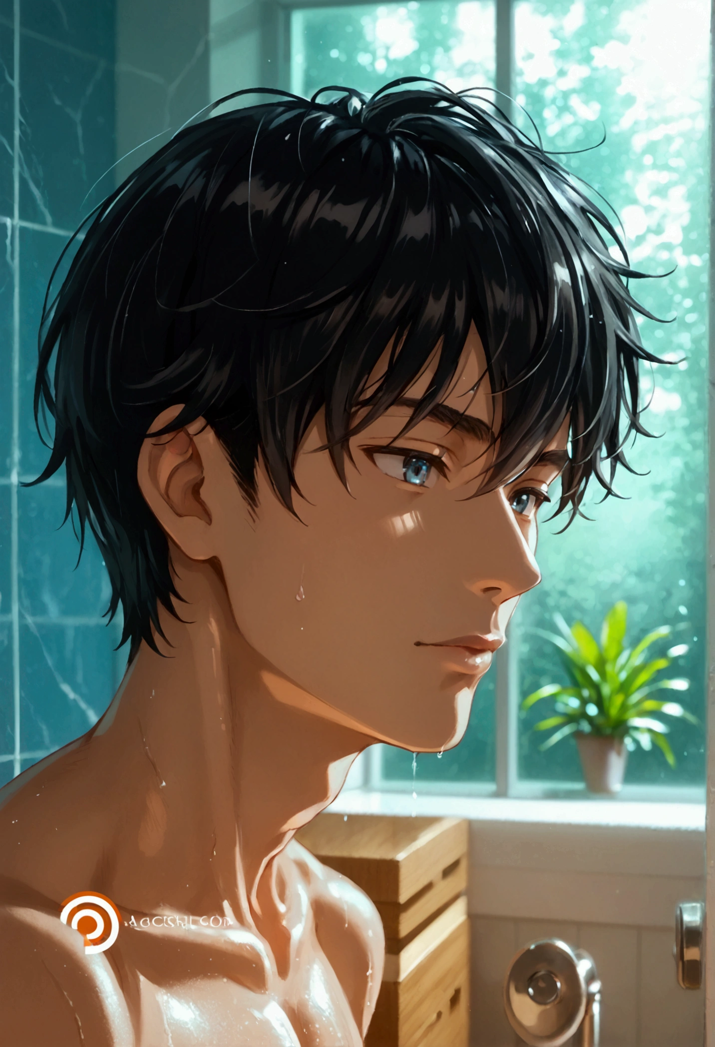 1boy, photography, Bathroom, Handsome,black hair.