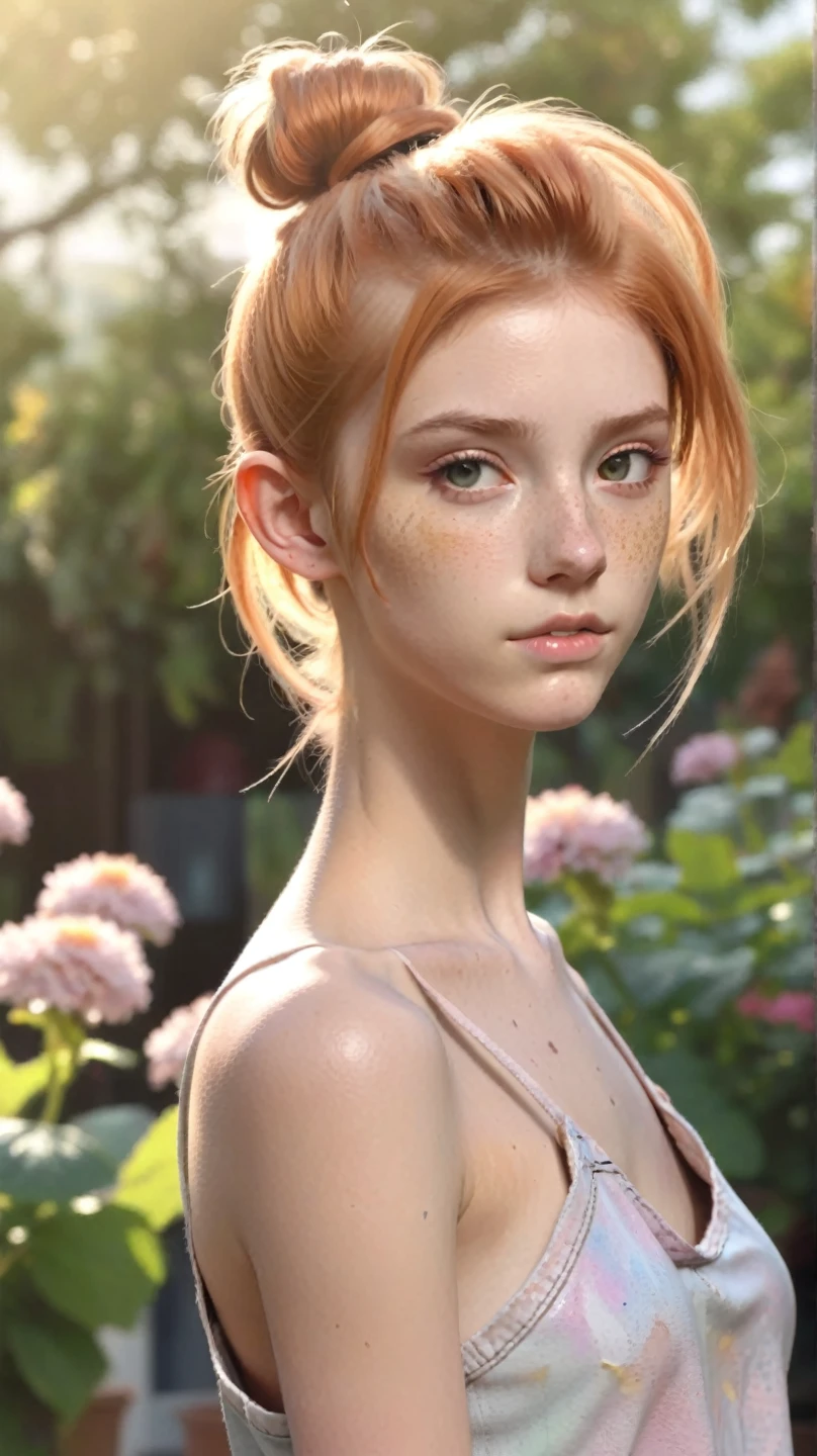 (best quality,4k,8k,highres,masterpiece:1.2),ultra-detailed,(realistic,photorealistic,photo-realistic:1.37), blonde girl nude, (nude showing her tit),portrait,pale skin,beautiful detailed eyes,freckles, lovely smile,lush yellow hair cascading down her back,curvaceous figure,barefoot in a lush garden,soft sunlight illuminating her,subtle shadows playing on her skin,ethereal atmosphere,colorful flowers blooming around her,delicate petals floating in the air,golden hour lighting casting a warm glow,serene and natural surroundings,subtle breeze gently rustling the leaves,peaceful and calm ambiance.
