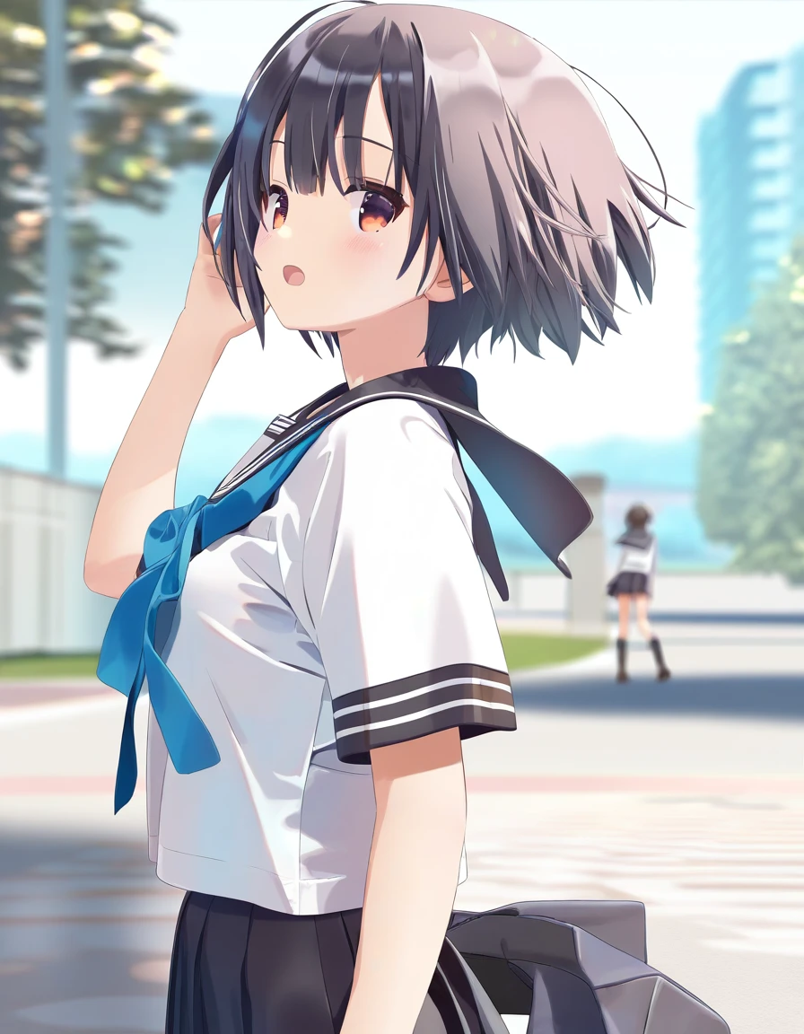 1girl, little female, school uniform, short hair, small breasts, open mouth, outdoors,wind, game CG break,((artist:houmitsu)),(artist:mitsumi_misato:0.5),(artist:fujiyama:0.5),,(masterpiece), (best quality), (ultra-detailed), very aesthetic, newest, beauty illustration,super detailed skin, shiny skin, (masterpiece), (best quality), (ultra-detailed), very aesthetic, newest, ,hi res,absurd_res,2023,shaded,digital media (artwork), realistic lighting, 4k, 8k,