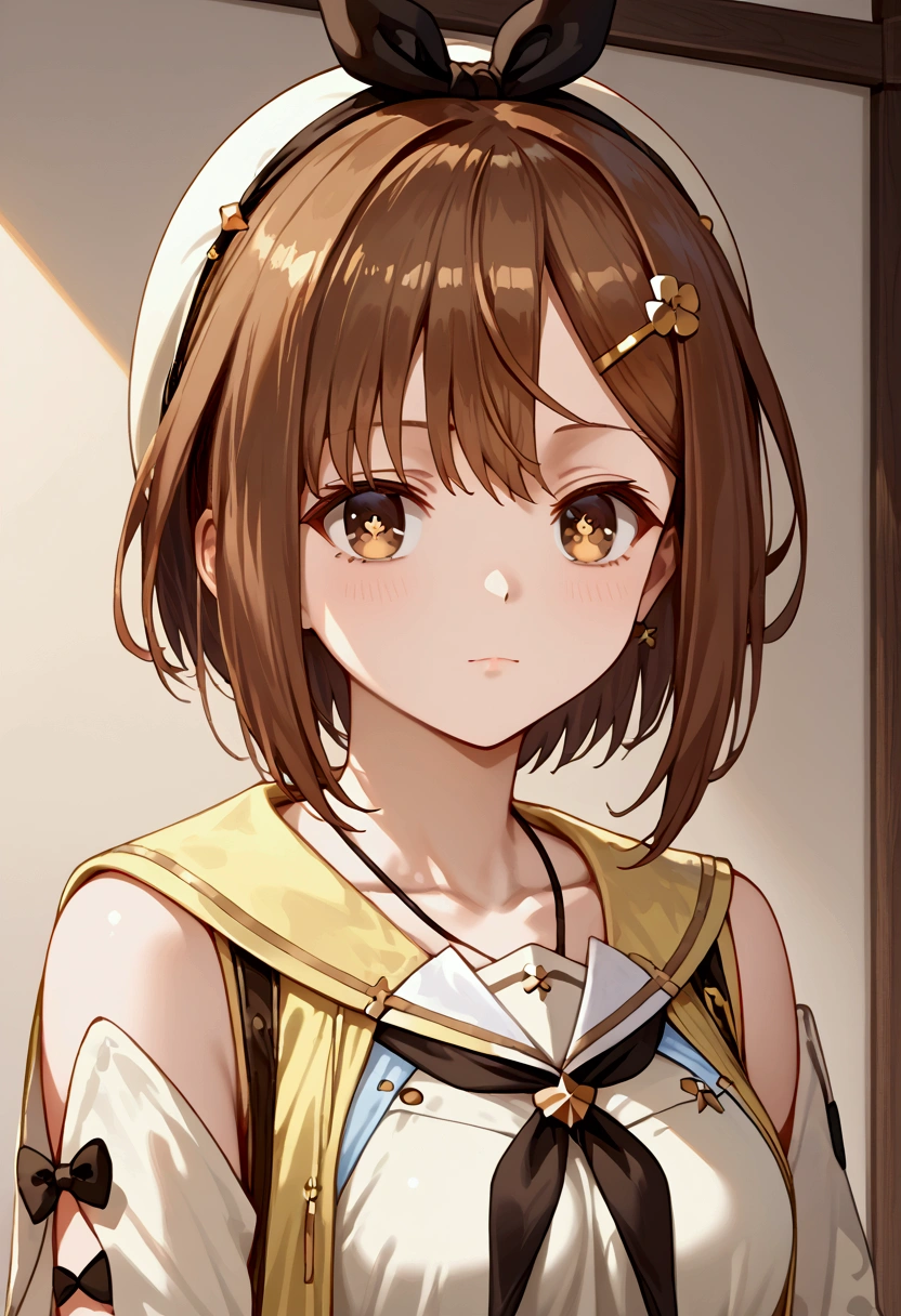 socre_9, score_8, source_anime,(masterpiece), best quality, expressive eyes, perfect face, medium breasts, alternate outfit, alternative custome, 1girl, solo, school sailor, reisalin stout, short hair, brown hair, hair ornament, brown eyes, hairclip,