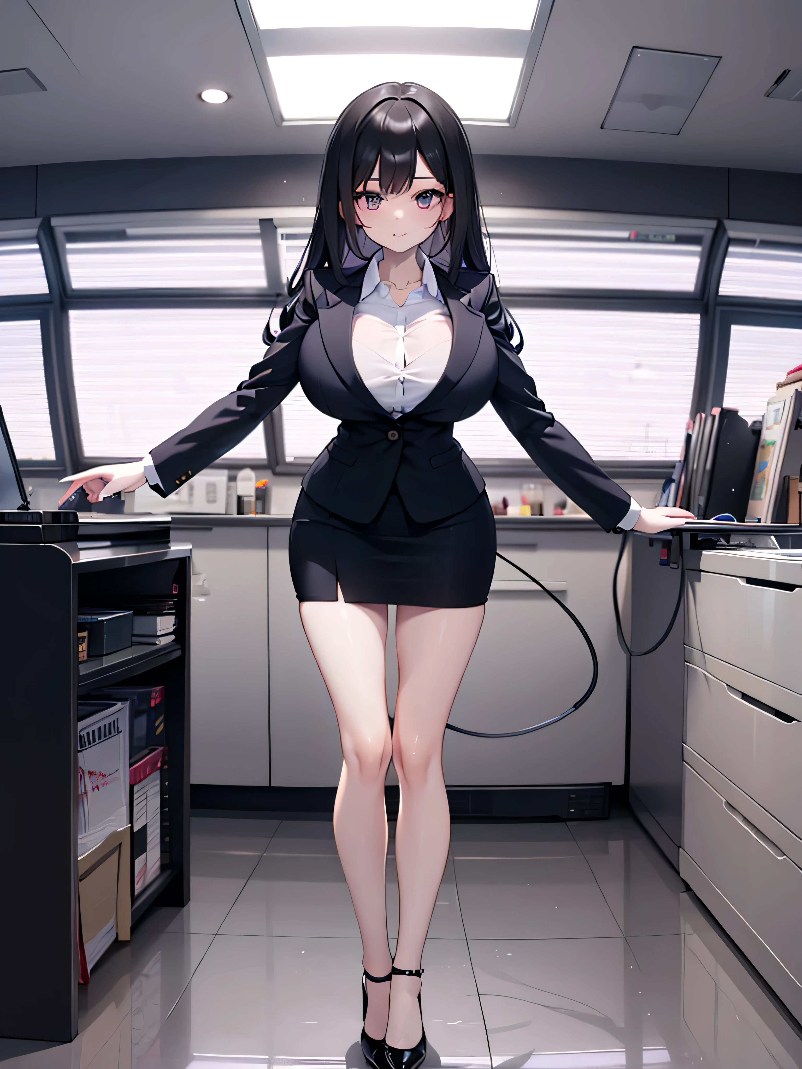 (solo), 1 skinny girl standing in office, swaying back, arms behind back, pigeon toed, BREAK, black blazer, white collared shirts, short pencil skirt, inky-black thighhighs, thigh gap, black stiletto heels, BREAK, very short torso, narrow shoulders, huge breasts, bursting breasts, too narrow skinny waist, long skinny legs