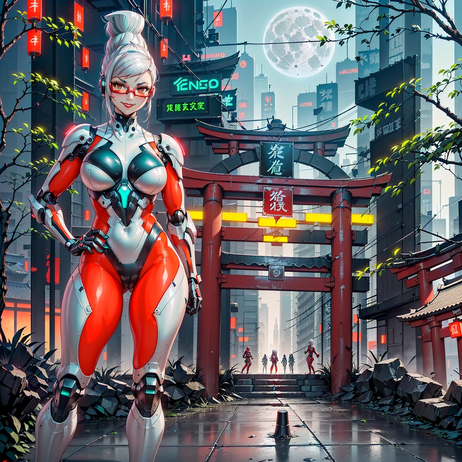 ((shiny eyes, 1girl, milf, standing, sexy pose, (AyaseSeiko, long hair, white hair, exotic hairstyle, hair bun, hair, brown eyes, red glasses), woman)), perfect face, sharp focus, professional artwork, intricate details)), ((fitness,, shapely body, athletic body, toned body)), ((militant combatants, wearing hologram armored combat suits that fit tightly to the body and blend into the surrounding scenery, cyberpunk armor suit, woman, cyber armor, smug, smug smile, framing against diving, cyberpunk city, armor, bodysuit, mecha, robot, ((red armor, crimson and white armor suit, night, full moon, japanese temple, torii, cyberpunk temple, trees, neon lights, cyberpunk city, jade, cyberpunk city)), red lipstick, fan))