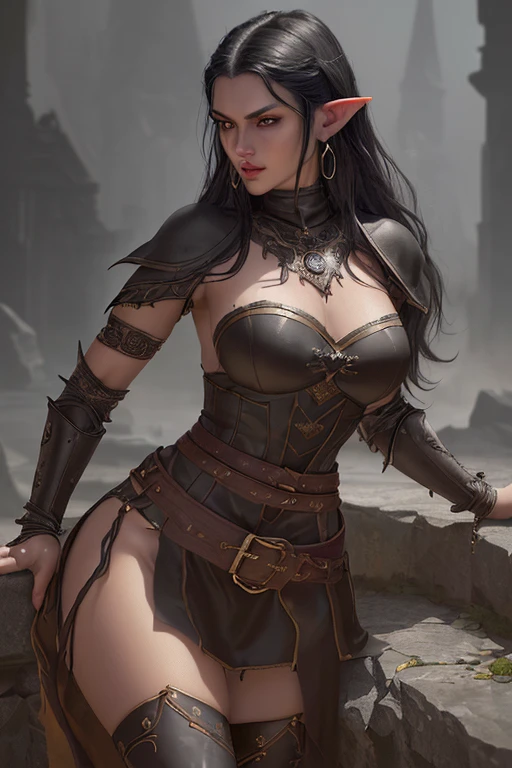 A beautiful dark elf woman,detailed portrait,long oily black hair,pointed ears,hoop earrings,yellow eyes,thin lips,round face,velvety tanned skin,large bust,wide hips,thick thighs,medieval clothing,brown leather bracelets,belt with pouches,knee-high leather boots,palace of eternal flowers,(best quality,4k,8k,highres,masterpiece:1.2),ultra-detailed,(realistic,photorealistic,photo-realistic:1.37),dramatic lighting,fantasy art,intricate details,rich colors,moody atmosphere