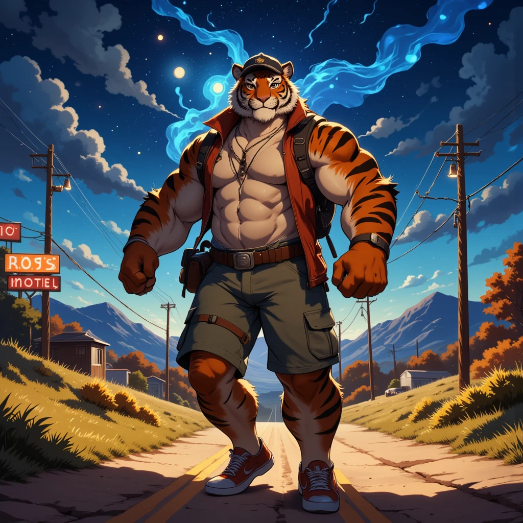 american country, backpacker, muscular middle-aged tiger man, happy, little smile, backpack, baseball cap, costume, jacket, half pants, detailed sneaker, standing, hiking, dynamic pose, quantum electromagnetic life form night sky, location Route 66, motel, path, outdoor, detailed painting landscape, full color HDR, BREAK full body in Michelangelo Buonarroti style, housamo style, digital illustration anime, character focus, full body, looking away, dynamic angle, niji6, niji5, BREAK complete anatomy, perfect proportions, beautiful thigh gap, fluffy body, intricate fur details, beautiful fur texture, BREAK a detailed tiger 1tail, detailed sneaker, beautiful foot, detailed hands, 5fingers, 5fingers nails, BREAK anime face, insanity detailed face, male face, big face, square jawline, anime eyes, detailed brown eyes, detailed brown cornea, detailed dark brown irises, detailed pupils, male eyes, big eyes, male eyebrows, innocent look, beautiful beard, BREAK masterpiece, official art, best quality, very aesthetic, absurdres, super fine illustration, great quality, BREAK noise reduction, very highres, large filesize, high quality, 32K, 8k wallpaper, dynamic lighting, BREAK insanity detailed, ultra detailed, intricate details, extremely detailed, detailed texture, an extremely delicate and beautiful, full color, HDR, BREAK e621 illustration, osukemo, kemohomo, anthropomorphic, furry, harmonious body, pastoral face, virtuous eyes, no signature, american country atmosphere 