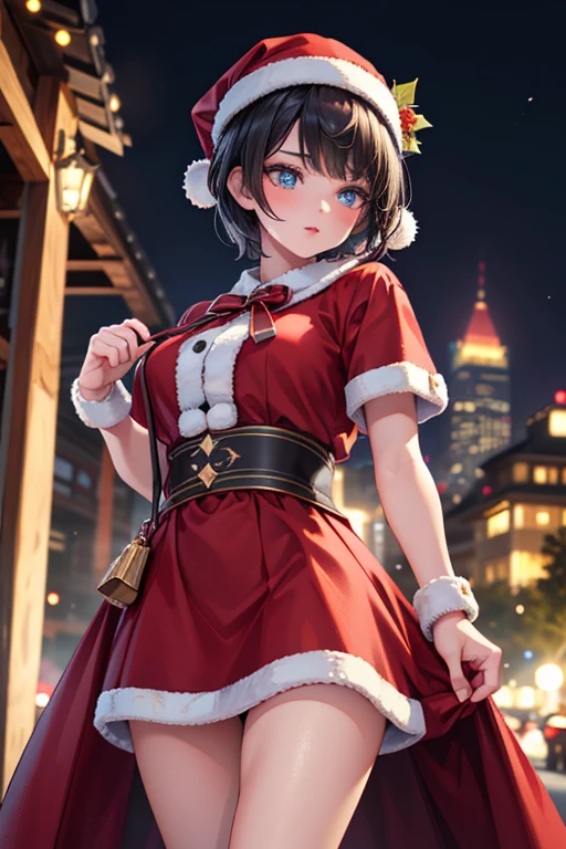 beautiful young woman, short black hair, cozy santa claus outfit, standing in front of christmas lights at night, photorealistic, highly detailed, (best quality,4k,8k,highres,masterpiece:1.2),ultra-detailed,(realistic,photorealistic,photo-realistic:1.37),HDR,UHD,studio lighting,ultra-fine painting,sharp focus,physically-based rendering,extreme detail description,professional,vivid colors,bokeh,portrait,detailed eyes,detailed lips,extremely detailed face,long eyelashes,elegant pose,serene expression,foot extending beyond frame,overflowing composition