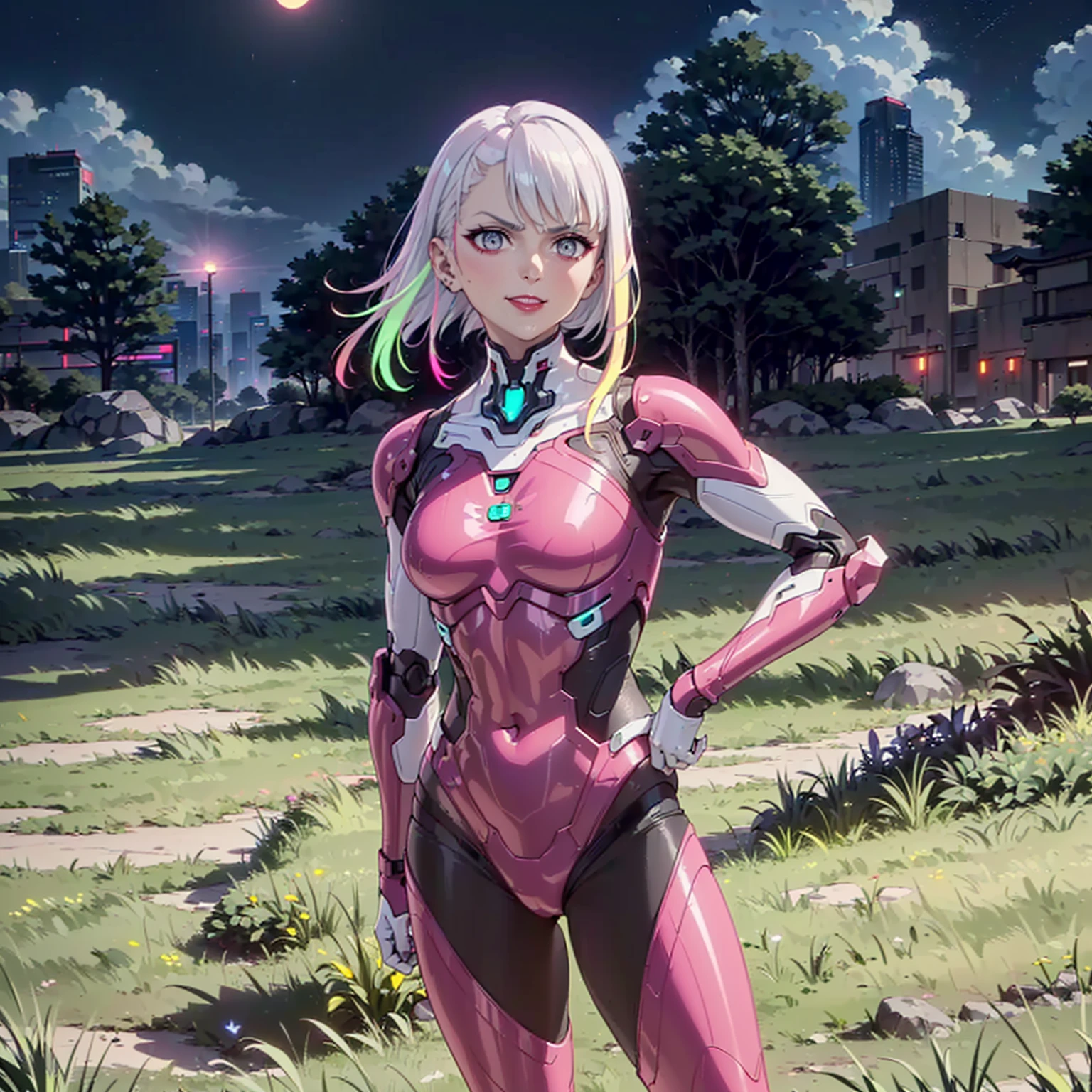 ((shiny eyes, 1girl, milf, standing, sexy pose, (Lucydef, short hair, white hair, multicoloured hair, grey eyes,  small bust, small breasts)), perfect face,  sharp focus, professional artwork, intricate details)), ((fitness,, shapely body, athletic body, toned body)), ((militant combatants, wearing hologram armored combat suits that fit tightly to the body and blend into the surrounding scenery, cyberpunk armor suit, woman, cyber armor, smug, smug smile, framing against diving, cyberpunk city, armor, bodysuit, mecha, robot, ((pink armor, pink and white armor suit, night, full moon, japanese temple, torii, cyberpunk temple, trees, neon lights, cyberpunk city, jade, cyberpunk city)), red lipstick, fan))